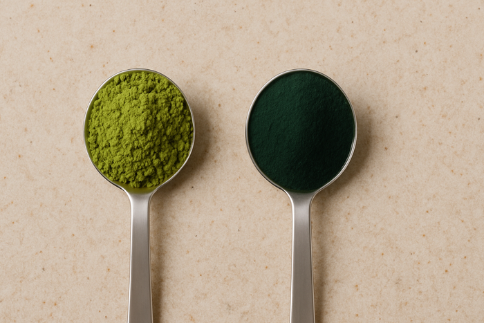 Spoon of bright green matcha powder next to spoon of dark green spirulina powder on beige background