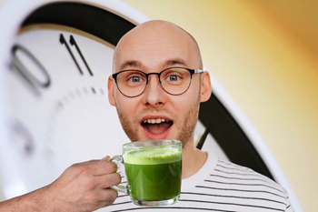 Man drinking matcha with a clock showing its caffeine alertness timeline.