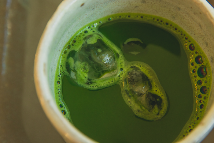 Close-up of iced matcha.