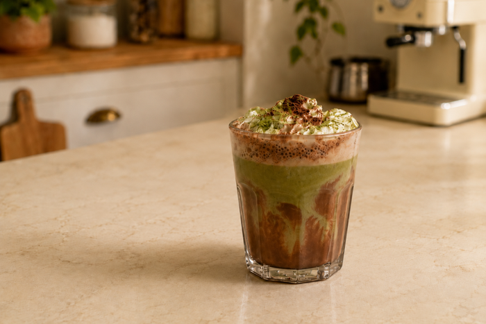 Glass of matcha hot chocolate with layers of cocoa and green tea, topped with whipped cream on a kitchen countertop.