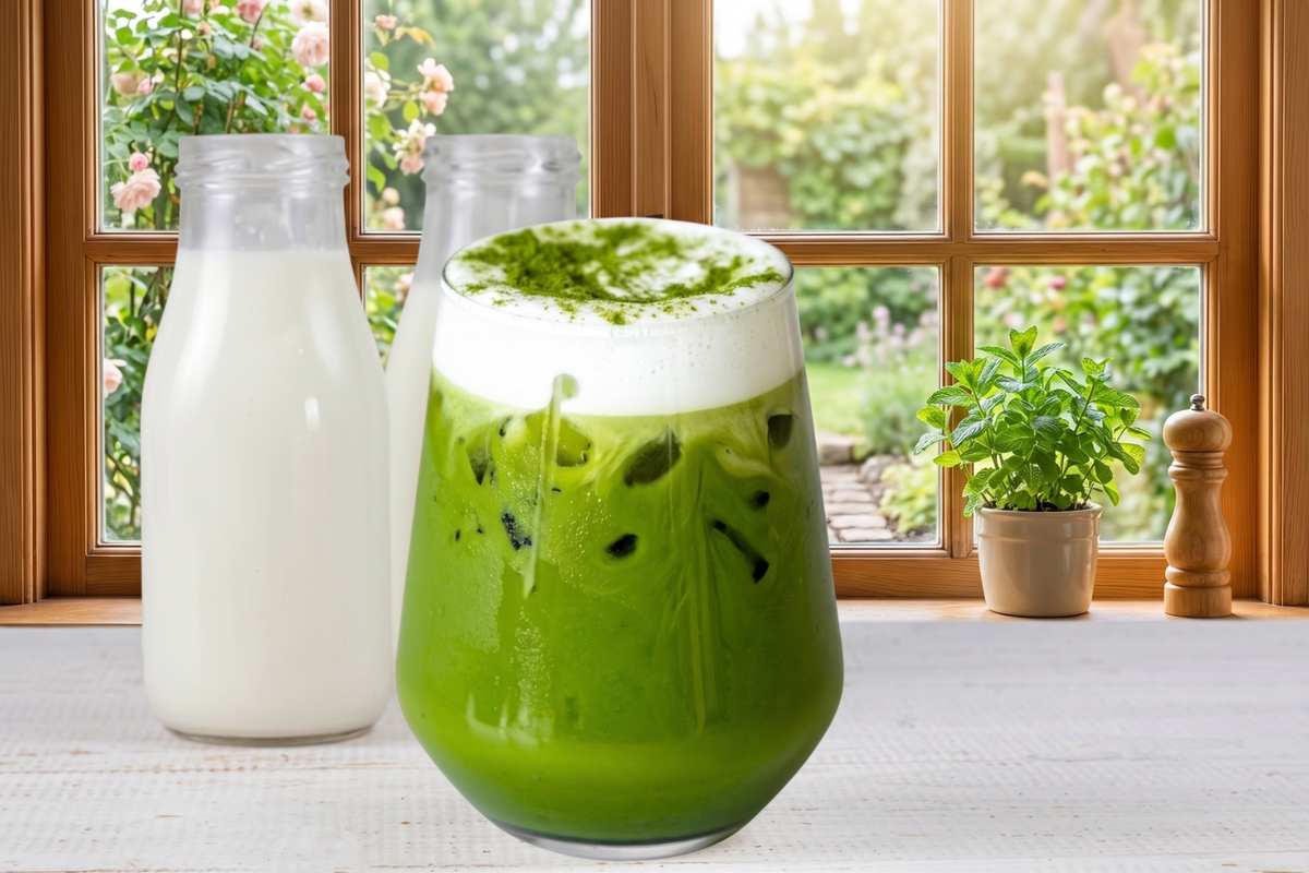 Iced matcha latte with milk bottles showing a creamy milk pairing for matcha.