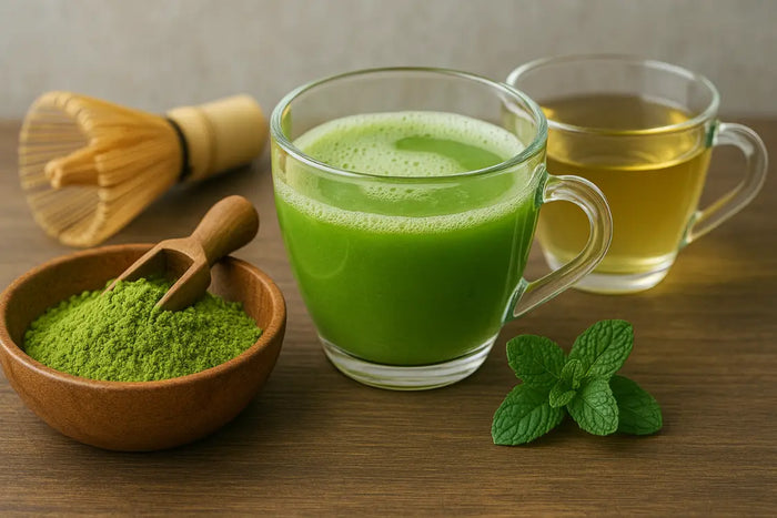 Matcha tea beside a glucose meter representing diabetes management