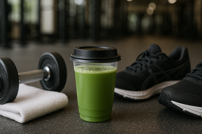 Matcha pre-workout drink with dumbbell, towel, and gym shoes