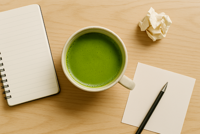 A cup of matcha tea with placed on a clean desk with a notebook, pen, and paper.