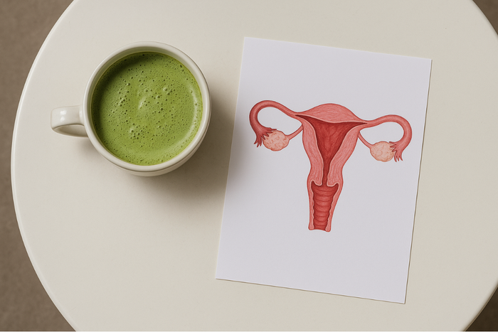 Cup of matcha tea beside a uterus illustration representing PCOS and hormonal health benefits of green tea