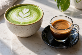 Cup of matcha beside a shot of espresso