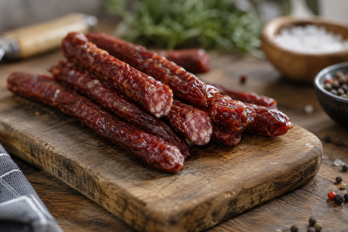 Assorted meat sticks on a wooden board showing their seasoned filling and casing.