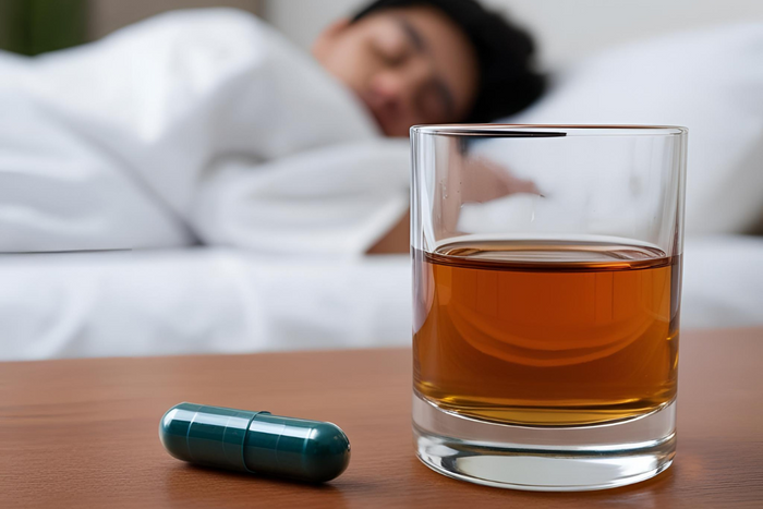 Close-up of a melatonin capsule and glass of alcohol in front of a sleeping man, highlighting the risk of combining melatonin and alcohol