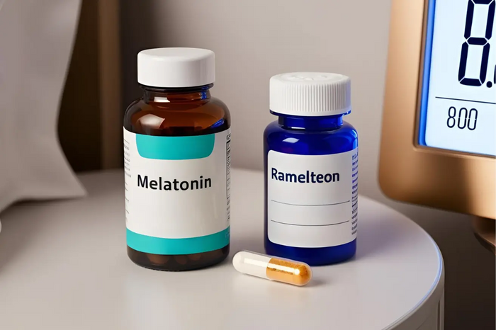 Comparison of melatonin supplement and Ramelteon prescription bottle used for sleep onset support