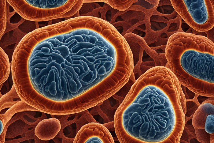 A conceptual illustration showing new mitochondria forming inside a healthy cell.