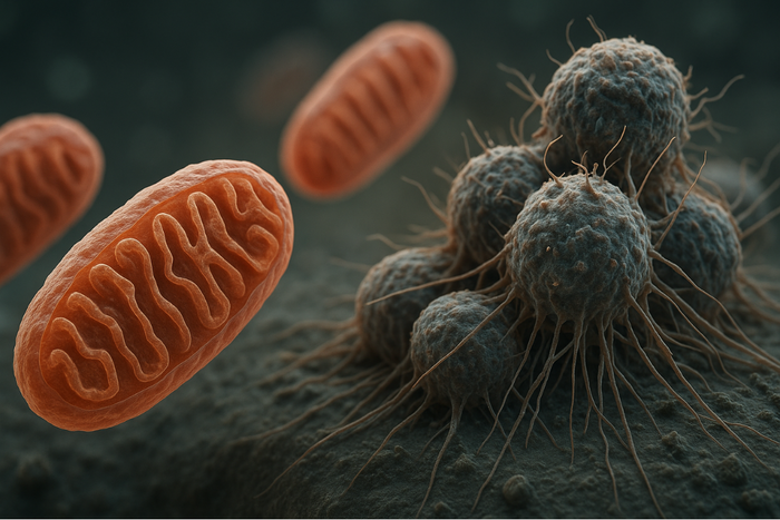 3D illustration of mitochondria near cancer cells showing interaction and oxidative stress in tumor microenvironment.