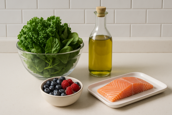 Colorful display of healthy foods that boost mitochondrial function, including leafy greens, berries, olive oil, and salmon.