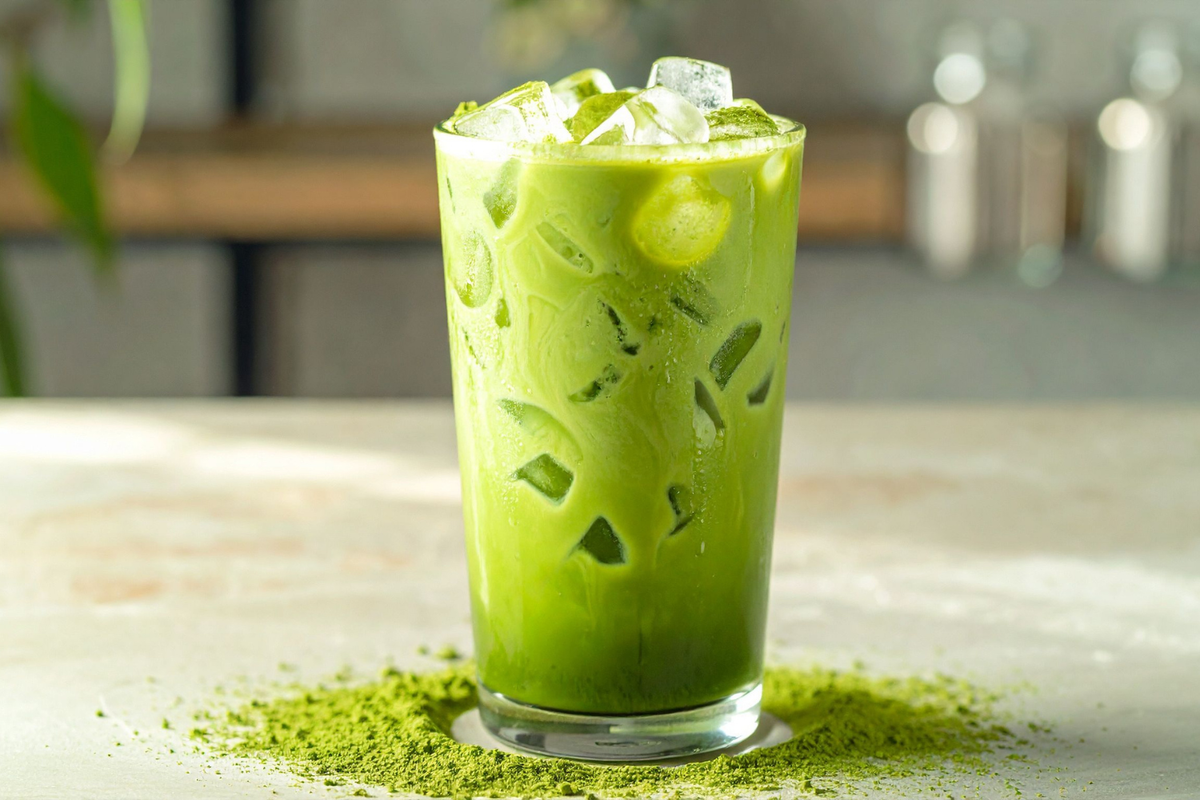 A glass of iced matcha latte with ice cubes and matcha powder on the table.