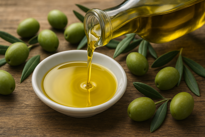Realistic olive oil pour with fresh olives showing oleocanthal-rich scene