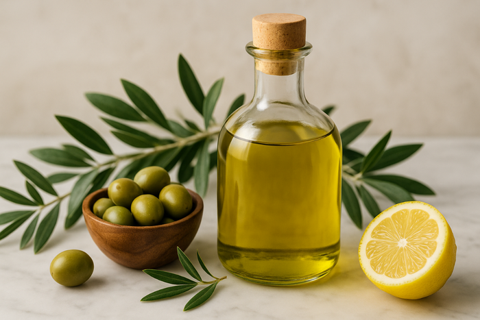Glass bottle of olive oil with fresh green olives and lemon