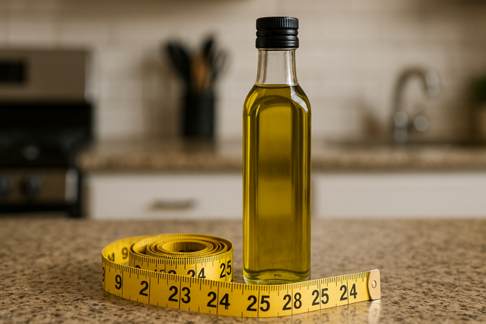 Bottle of olive oil on kitchen counter with measuring tape symbolizing weight control