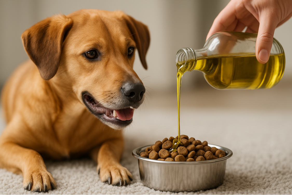 Olive oil drizzling over a bowl of dry dog food for improved digestion and coat