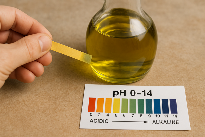 Hand holding pH test strip next to olive oil to illustrate pH misunderstanding