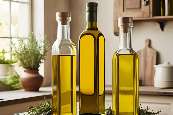 Different bottles of cooking oils.
