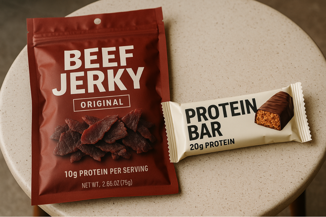 Packaged beef jerky and protein bar showing protein content per serving on a table