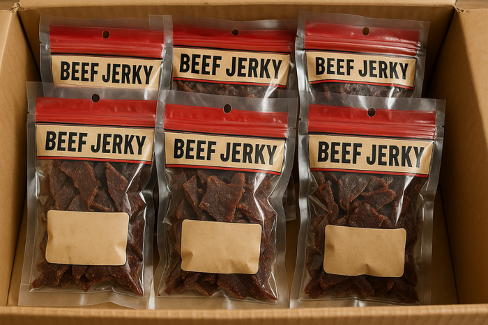 Six vacuum-sealed bags of beef jerky neatly arranged in a cardboard box