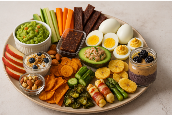Assorted paleo snacks on a platter including guacamole, eggs, fruit, and nut butter