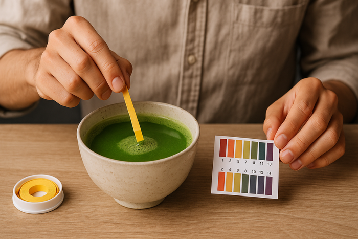 Person testing the pH level of matcha tea using a strip to determine its acidity