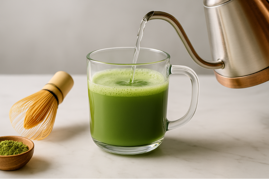 Hot water at the right temperature being poured into a glass cup of freshly whisked matcha