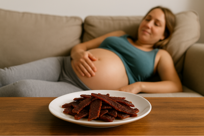 Pregnant woman lying on a couch with a plate of beef jerky in front of her