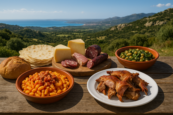 Traditional Sardinian foods with cheese, cured meats, Pane carasau, beans, and roast pork overlooking the Mediterranean Sea