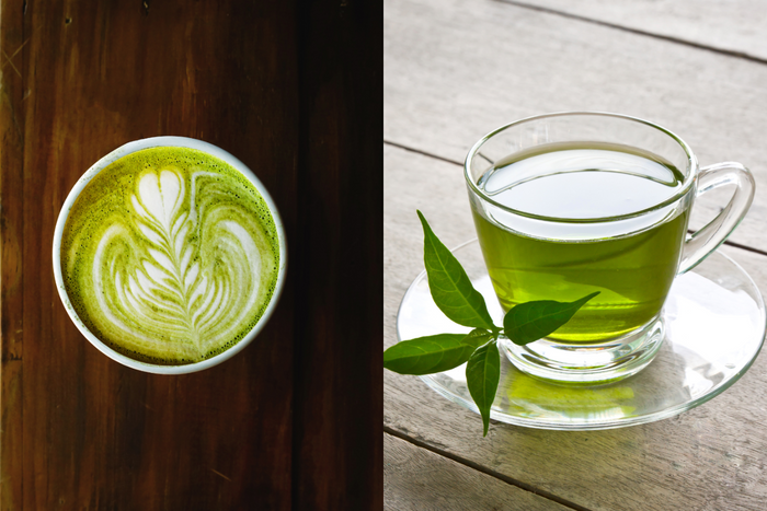 A cup of matcha tea and a cup of sencha tea.