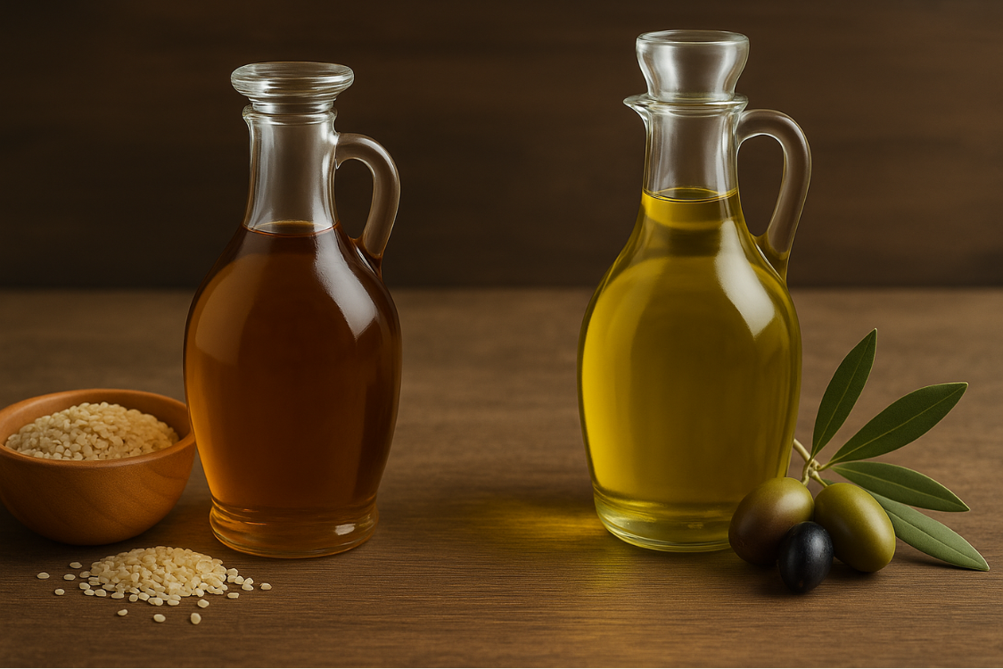 Bottles of sesame oil and olive oil side by side with seeds and olives