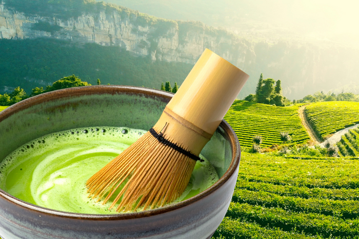 Bowl of bright Shizuoka matcha with bamboo whisk overlooking Japanese tea fields