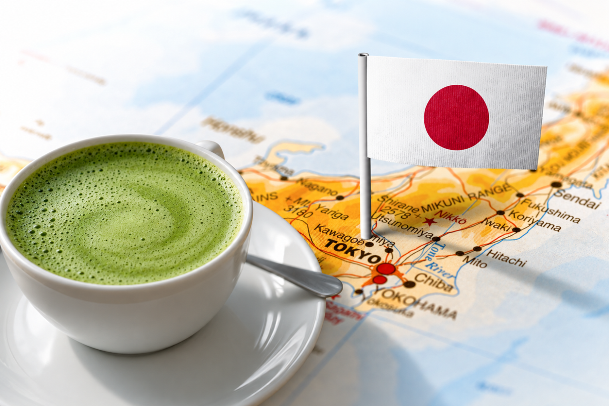 Single-origin matcha beside a Japan map, highlighting how origin shapes matcha flavor and character.