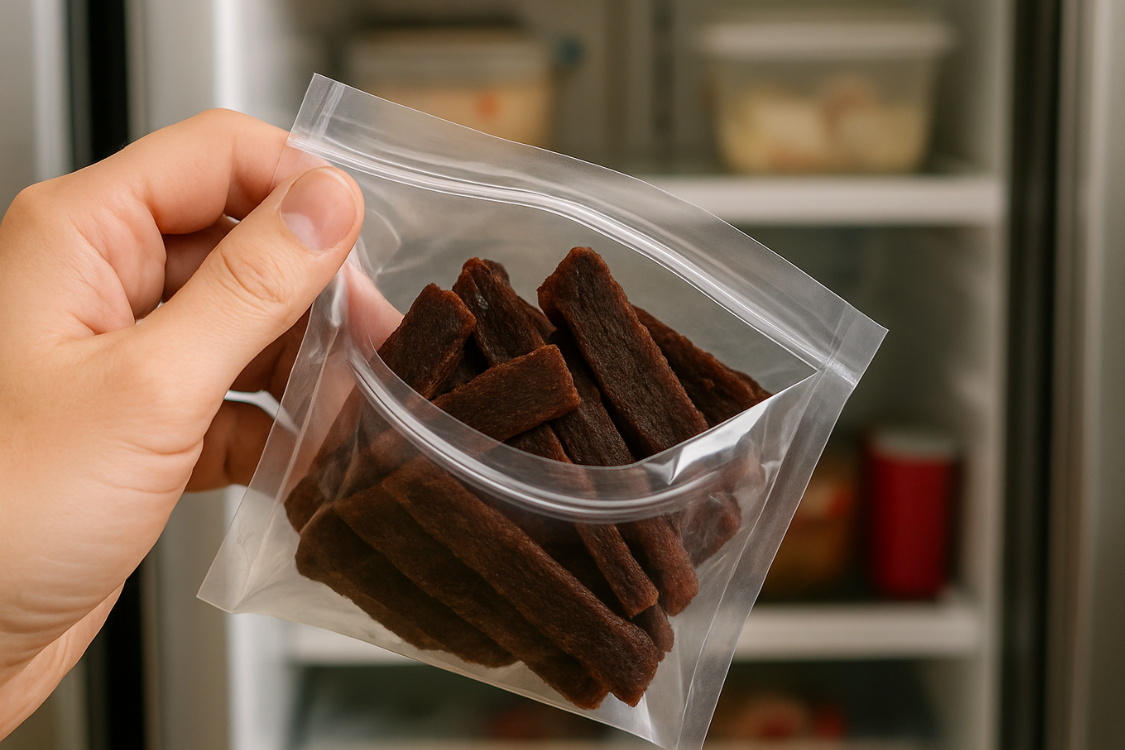 Hand holding a ziplock bag of beef jerky in front of an open refrigerator