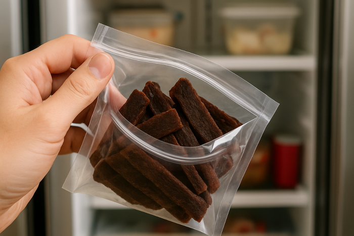 Hand holding a ziplock bag of beef jerky in front of an open refrigerator