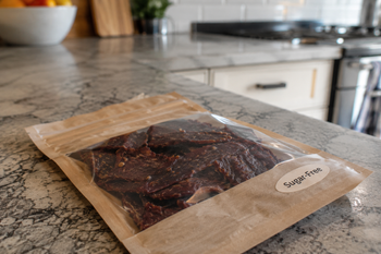 Pack of sugar-free beef jerky on a kitchen counter, highlighting how to check labels for hidden sugar.