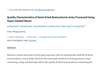 Title of a scientific paper: Quality Characteristics of Semi-Dried Restructured Jerky Processed Using Super-Heated Steam.