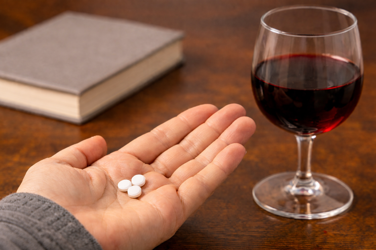 A hand holds three white pills next to a glass of red wine and a closed book on a wooden surface.