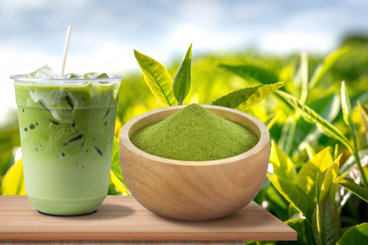 Matcha powder and iced matcha with fresh tencha tea leaves.