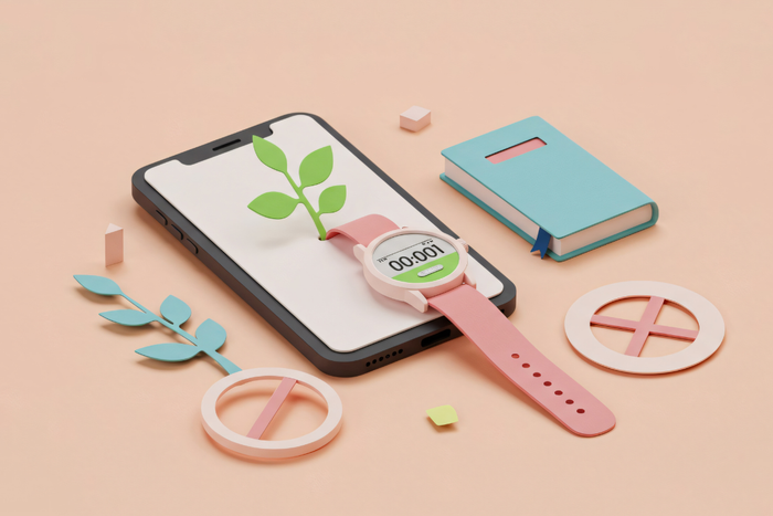 Stylized image of a smartphone with a green plant, a smartwatch showing 00:00, and a book, representing a balanced digital wind-down routine and tracking how screen time affects sleep.