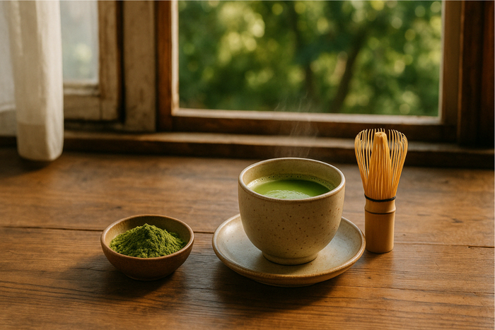 A single cup of matcha tea with a bamboo whisk and bowl of Uji matcha powder on a wooden table by an open window with natural sunlight filtering in.