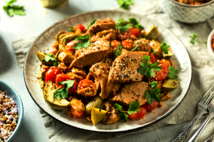 Vegan beef jerky with vegetables and herbs on a plate as a high-protein plant-based meal.