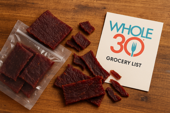 Whole30 grocery list with compliant packaged beef jerky laid out on a wooden surface