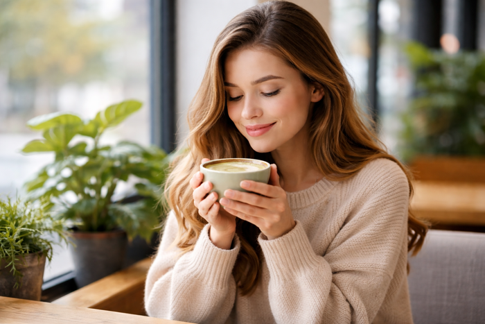 Woman holds a cup of matcha.