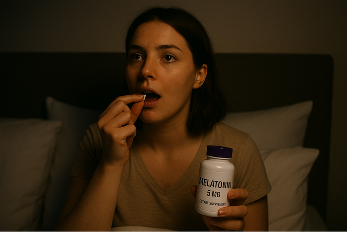 Woman taking 5 mg melatonin tablet at night to improve sleep quality